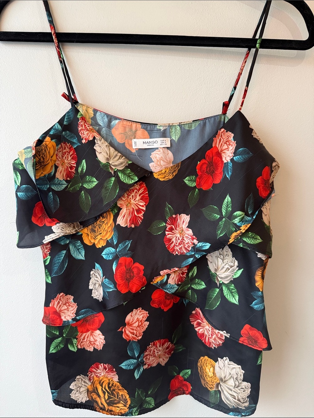 Mango Black Floral Ruffle Camisole with Red, Yellow and Cream Blooms size 4